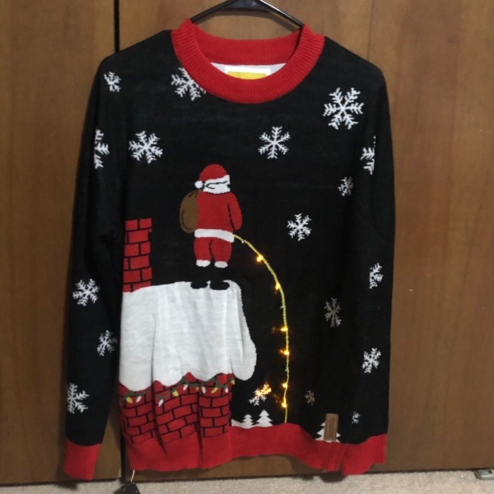 LED Light-Up “Ugly Christmas Sweater” - Peeing Santa (Unisex Adult, Size M)